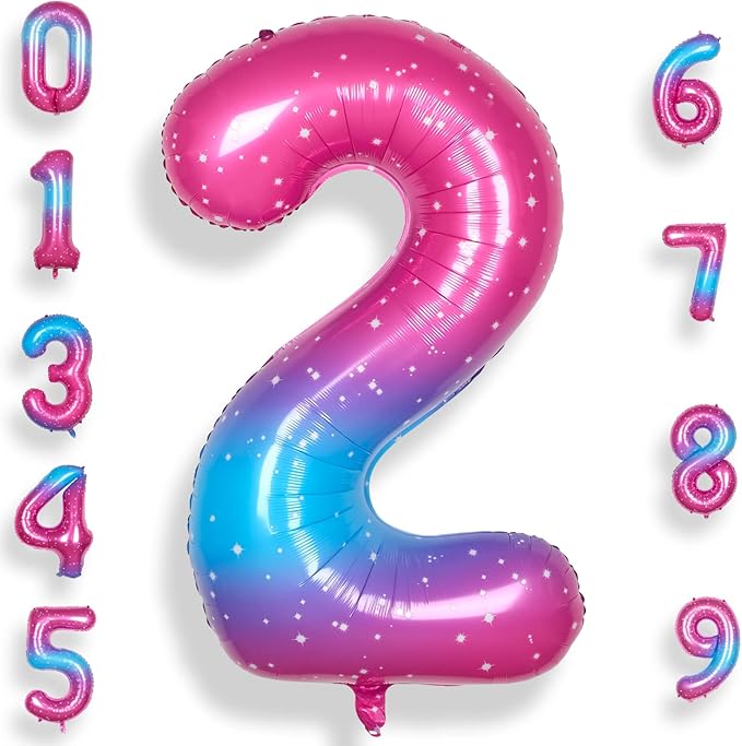 2 Balloon Number 40 Inch for Boy or Girl Big Starry 0-9 Foil Mylar Large 2 Number Balloon Happy 2nd Birthday Party Anniversary Decorations Supplies