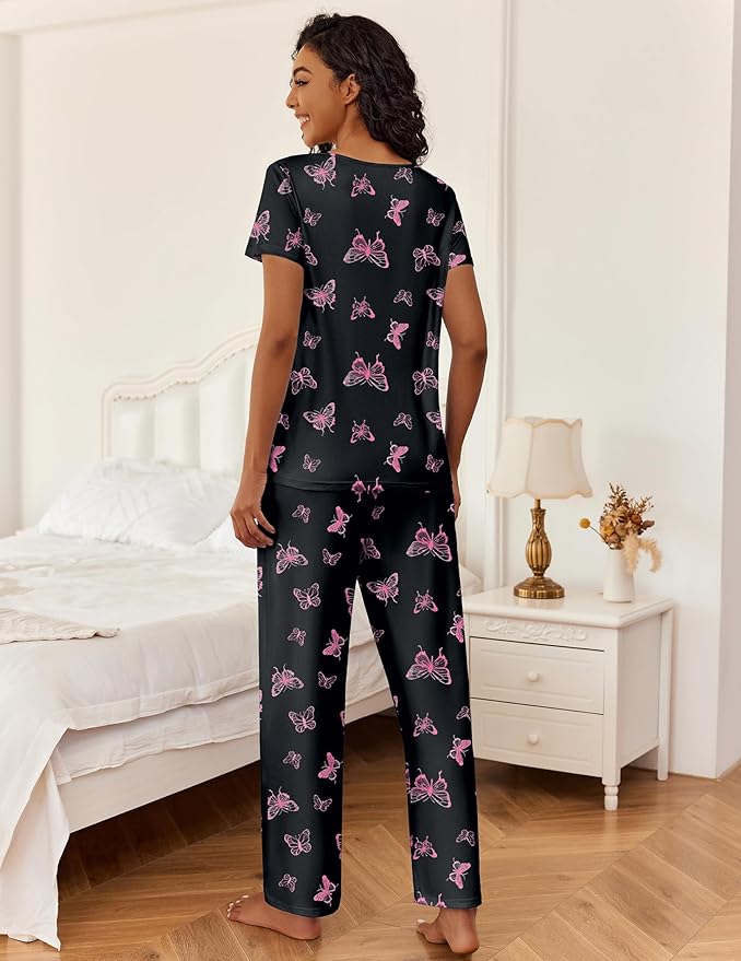 Ekouaer 2 Piece Womens Pajamas V Neck Short Sleeve Top and Long Pants Pjs Print Lounge Set Sleepwear
