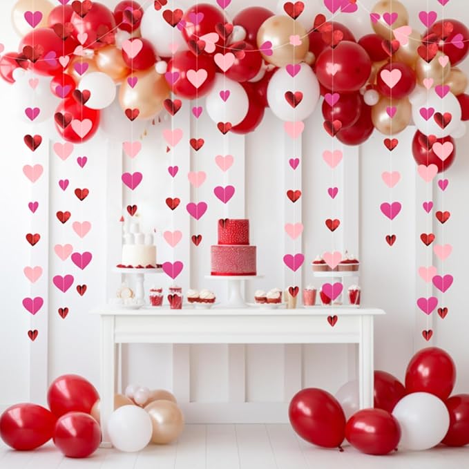 10 Pack 130ft Rose Red Pink Heart Party Garland Asymmetrical Love Hanging Banners for Birthday Wedding Decorations Mothers Day Bachelorette Bridal Shower Engagement