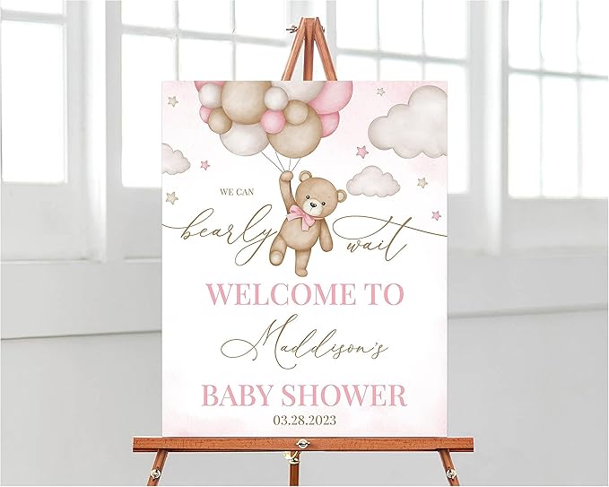 Personalized Brown Bear Balloon Baby Shower Welcome Sign, Baby Shower Welcome Sign, We Can Bearly Wait Baby Shower Pink Boho Bear Girl Baby Shower Decor, Baby Shower Decorations, Baby Shower Banner