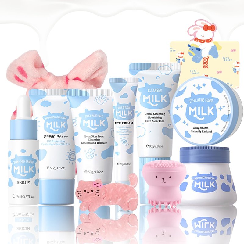 11 In 1 Milk Skincare Set for Women & Teens, Travel Skincare Set, Skincare Kits Milk Girls Gifts, Skin Care for Teens 10-12, Deep Moisturizing & Gentle Milk Teen Skin Care Kit for Women, Girls