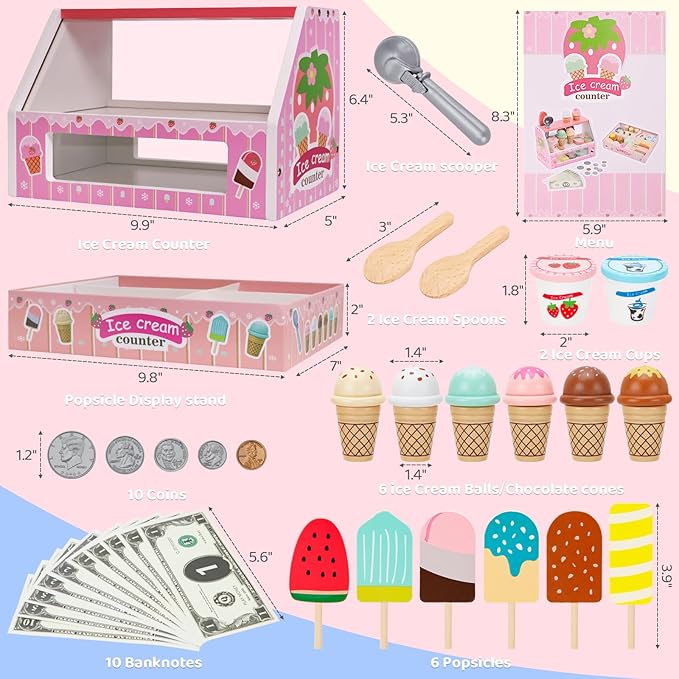 Wooden Ice Cream Toys for Kids Ice Cream Counter Shop for Toddlers Pretend Play Food Scoop and Serve with Scoop & Menu & Fake Money for Boys and Girls Ages 3 4 5 6 (Pink)