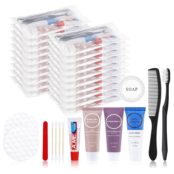 Toiletries Kits Bulk Disposable Travel Supplies, Personal Hygiene Care Essentials Men Women Trial Size Toiletry Sets Amenities for Hotel/Camping/ Charity/Homeless/Shelter/Relief 7 in 1 (40 Pack)