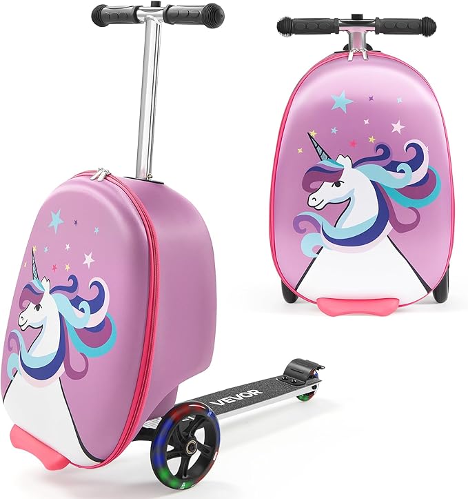 VEVOR Ride-on Luggage, 20 L Capacity, 20 Inches Kids Scooter Suitcase with Flash PU Wheels, Adjustable Handle & TPR Non-Slip Grip, Foldable & Lightweight Scooter Luggage for Kids Aged 5+, Purple