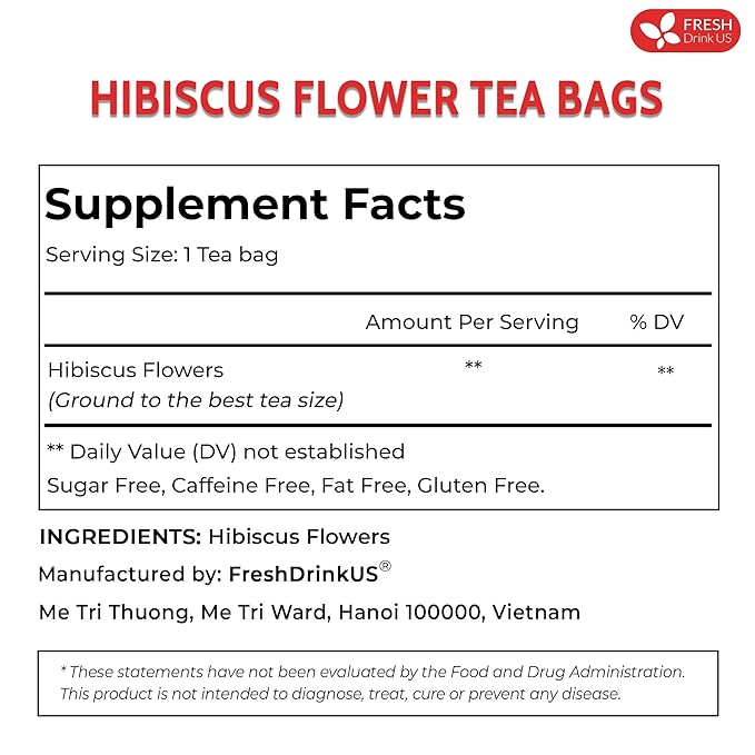 FreshDrinkUS, Premium 235 Hibiscus Flowers Tea Bags, 100% Natural, Pure from Hibiscus Flowers. Loose Flower Herbal Tea. No Sugar, No Caffeine, No Gluten, Vegan.