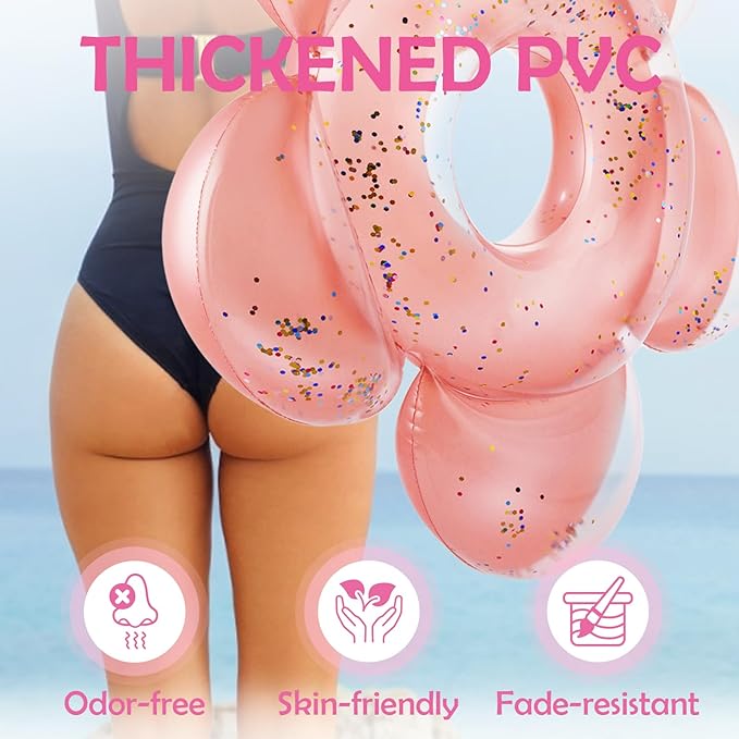HeySplash Pool Floats, Large Pink Floats for Adults, Inflatable Floatie Loungers wih Glitter, Bachelorette Fun Decor, Swim Tube River Lake Wedding Bride Engagement Party Decor Toy Raft