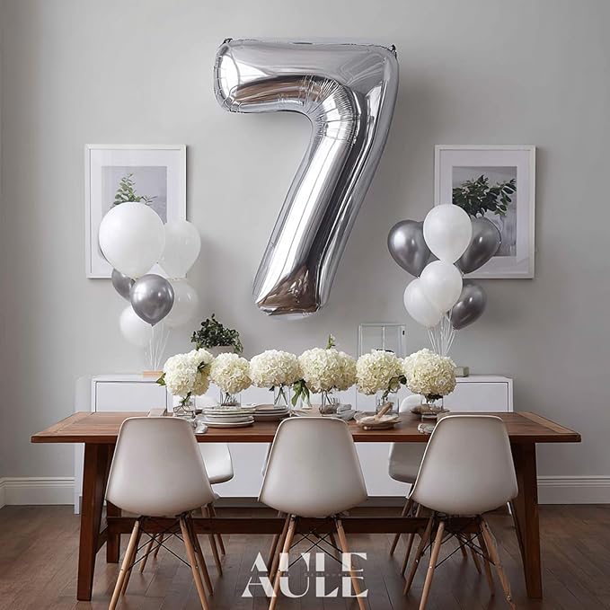 AULE 40 Inch Big Silver 7 Balloon Number Large Foil Helium Number Balloons 0-9 Jumbo Giant Happy 7th Birthday Party Decorations for Boy or Girl Huge Mylar Anniversary Party Supplies