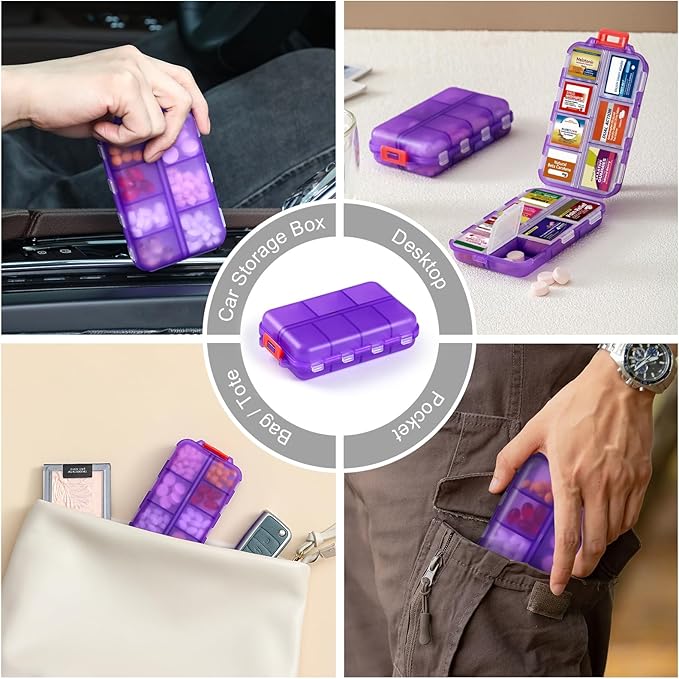 14 Grids Travel Pill Organizer Box with 415-Pcs Medicine Name Labels, Pocket Daily Pharmacy Case Container, Travel Medication Holder Dispenser Kit for Fish Oil Vitamin Supplement Storage -Clear Purple