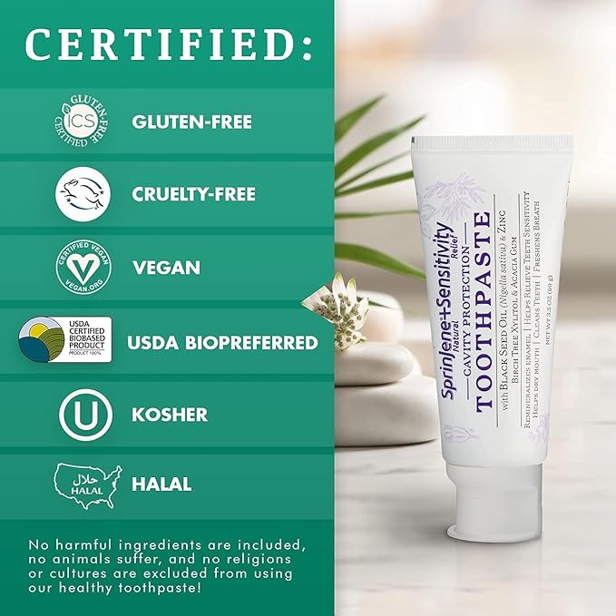 SprinJene Natural Toothpaste + Sonic Toothbrush - Cavity Protection for Sensitivity Relief of Teeth and Gums with Fluoride, Fresh Breath, Helps Dry Mouth - Vegan, Dye-Free, and SLS Free Toothpaste
