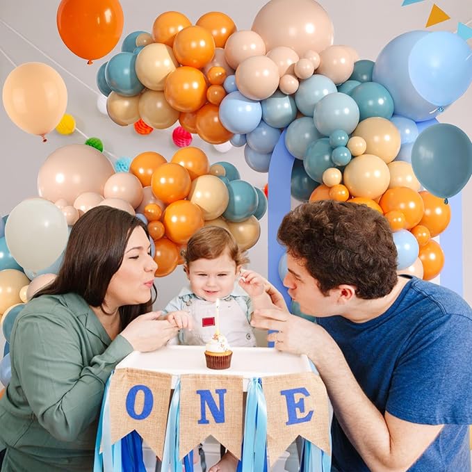 FunHot Orange Blue Balloon Arch Garland Kit, Retro Sea Fog Blue Ivory White Macaron Orange Latex Balloons with Ribbons for Baby Shower Graduation Engagement Kids Birthday Party Decorations