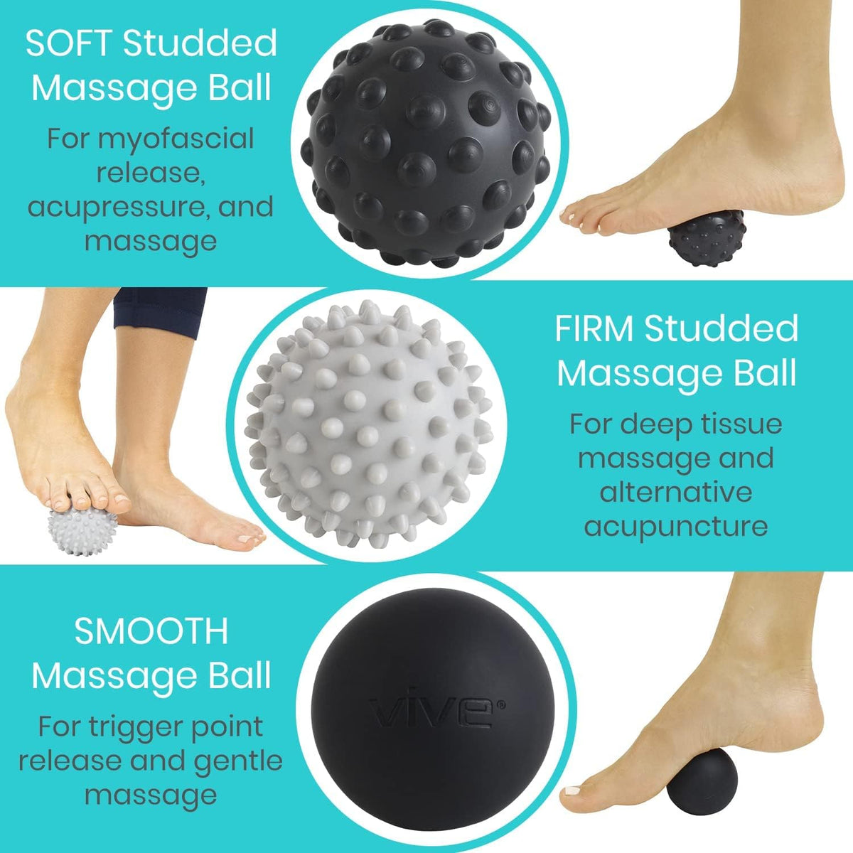 Vive Massage Ball Set (4 Piece) - Plantar Fasciitis Relief Foot Pain Hot Cold Therapy - Heel Spur, Sore Muscle, Trigger Point, Back, Arm, Neck, Shoulder, Leg Circulation Roller