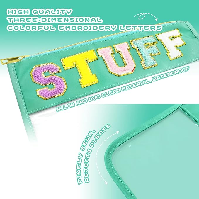 Chenille Letter Clear Travel Zipper Pouch Nylon Makeup Bag, Preppy Makeup Bag Clear Cosmetic Toiletry Bag, Water-proof Makeup Travel Pouch Snack Bags for Women (Green-Stuff)