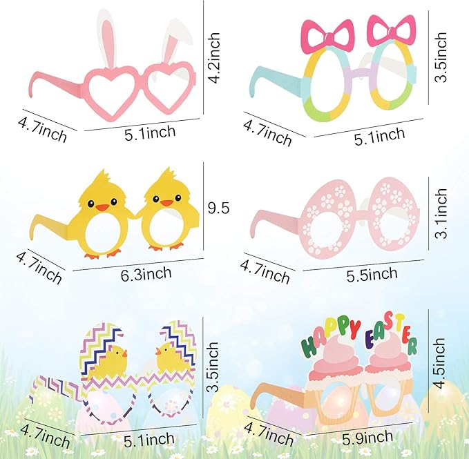 BigOtters 12PCS Easter Party Glasses, Funny Bunny Ears Paper Glasses for Kids Easter Party Favors Basket Stuffers Decorations Supplies