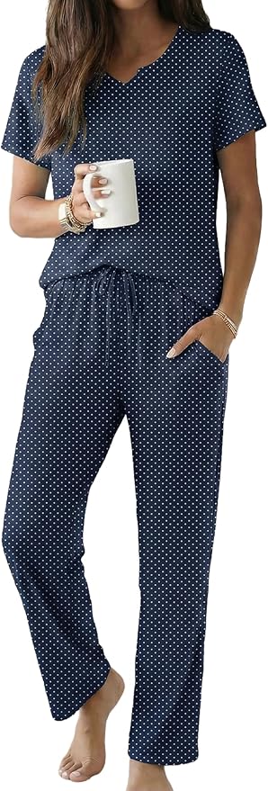 Ekouaer 2 Piece Womens Pajamas V Neck Short Sleeve Top and Long Pants Pjs Print Lounge Set Sleepwear