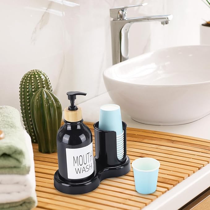 Mouthwash Dispenser for Bathroom, 16oz Plastic Mouthwash Dispenser with Cup Holder and Tray Mouth Wash Bottle Container - Black