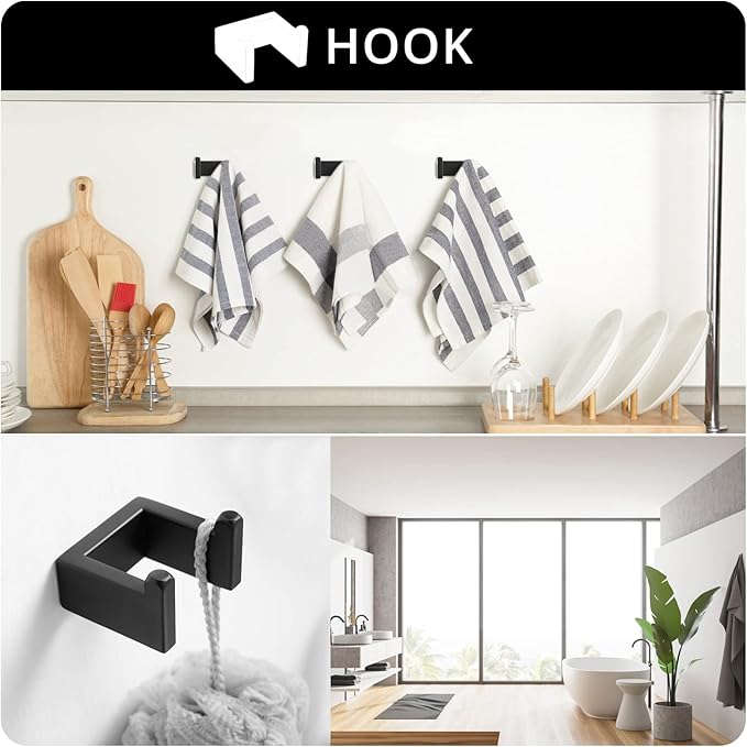 Fapully 4-Piece Bathroom Hardware Accessory Set with 24" Towel Bar Towel Ring Paper Holder Robe Hook Matte Black