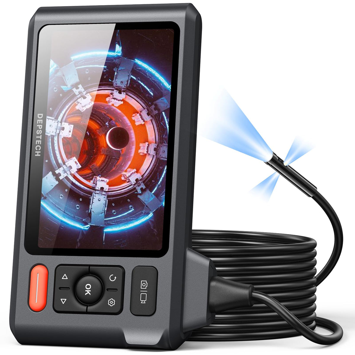 Triple Lens Endoscope Camera with Light, DEPSTECH 5" IPS Screen Endoscope Camera, 1080P Sewer Camera & Split Screen, 180° Rotation, IP67 Snake Cable, 8 Lights, Gadget for Automotive Mechanical Repair