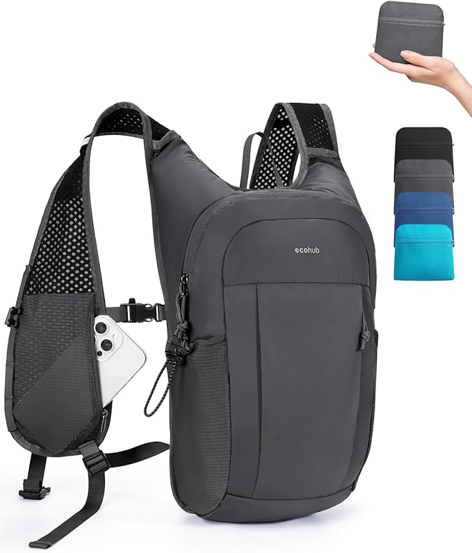 ECOHUB 15L Lightweight Packable Hiking Backpack for Travel, Small Daypack with Chest Strap & Phone Pocket, Water Resistant Foldable Backpack for Men Women