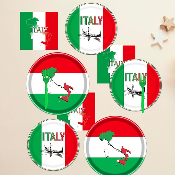 Rakuto Italian Party Tableware Set Supplies, Italian Flag Paper Plates and Napkins and Forks, Italian Party Decorations Red White and Green Italy Family Party Decor Serves 24
