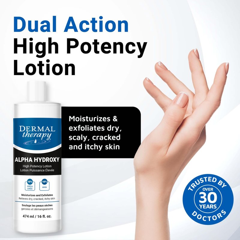 Dermal Therapy Alpha Hydroxy Lotion – 10% Urea + 10% Lactic Acid, Fragrance-Free Body Lotion for Dry, Cracked Skin, Non-Greasy Exfoliating Moisturizer & Keratosis Pilaris Treatment, 16 fl oz (474 ml)
