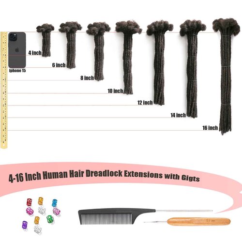 IXIMII 16 inch Dreadlock Extensions Human Hair 0.4cm 20 Strands Permanent Locs Extensions Soft Natural Black Human Dreads with Comb and Needle for Men Women Kids
