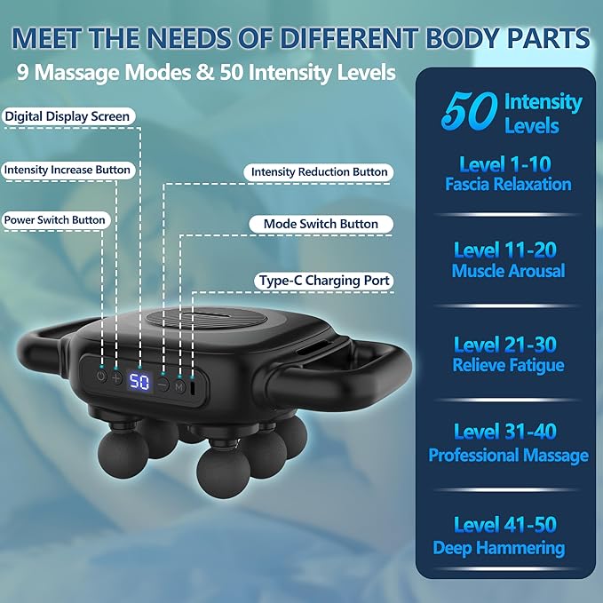 Six Head Massage Gun, 50 Intensity Levels & 9 Massage Modes, Equipped with 3 Different Massage Heads, Massage Gun with Adjustable Belt Ideal Gifts for Women, Men, Mom, and Dad