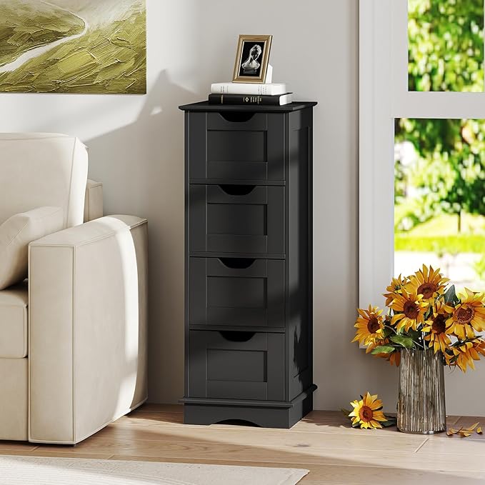 Giantex Bathroom Storage Cabinet with 4 Drawers, 32" Freestanding Storage Organizer Unit with Cutout Handles, Anti-Tipping Device, Narrow Floor Cabinet for Hallway, Living Room, Entryway (Black)