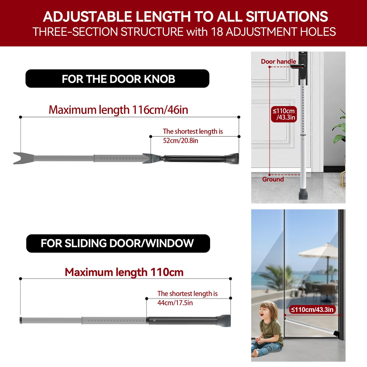 AceMining Upgraded Door Security Bar & Sliding Patio Bar, Heavy Duty Stoppers Adjustable Jammer for Home, Apartment, Travel (2 Pack,White)