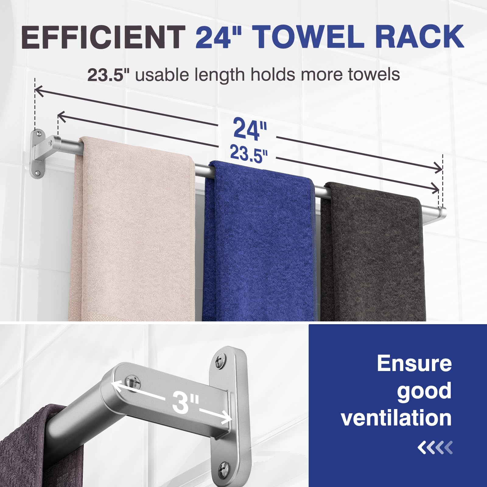 Powools Brushed Nickel Towel Rack for Bathroom - 24" Rustproof Towel Holder, Sturdy Towel Bar Wall Mounted, Space-Saving Towel Hanger, Bathroom Accessories, Home Decor, Apparment Essentials