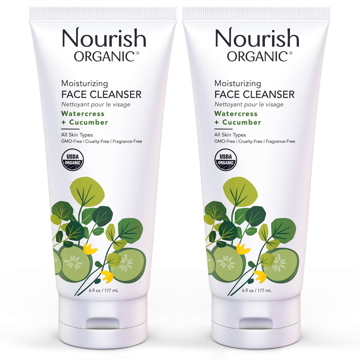 Nourish Organic Moisturizing Face Cleanser for All Skin Types, Watercress + Cucumber Face Wash, Fragrance-Free, 6 Oz (Pack of 2)