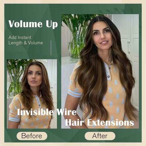 Ugeat Wire Hair Extensions Human Hair Brown Remy Invisible Wire Hair Extensions Balayage Dark Brown Mix Chestnut Brown Real Human Hair Extensions for Women Silky Straight 80g 18 Inch