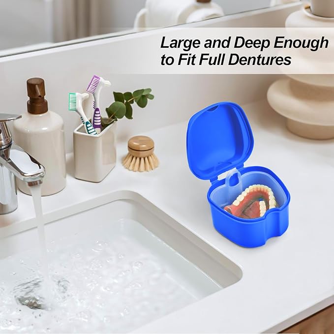 2 Pack Denture Bath Case Cup with Lid and Strainer Basket, Retainer Cleaner Case Dental False Teeth Container with 2 Travel Brushes, Lake Green and Dark Blue