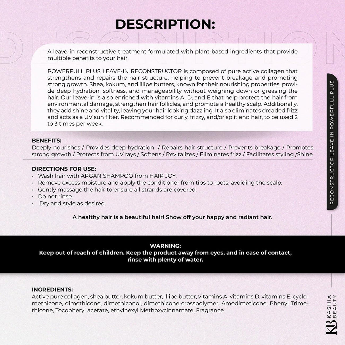 Kashia Beauty Reconstructor Leave-In Powerfull Plus 10.1 oz – Plant-Based Collagen Hair Treatment – Anti-Frizz UV Protection – Deep Hydration with Shea Kokum & Illipe Butters