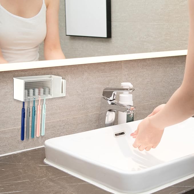 5 Slots Wall Mount Toothbrush Holder with Cover, Self Adhesive Toothbrush Storage Organizer for Shower, Toothpaste & Toothbrush Hanger for Bathroom, Medicine Cabinet, Dorm (White)