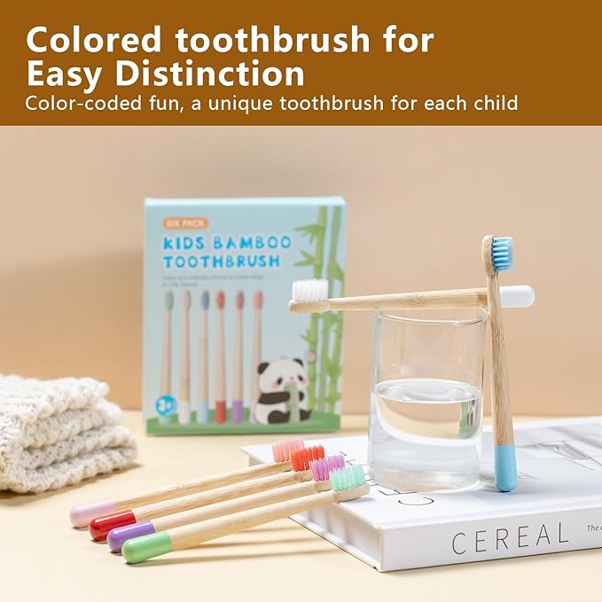 Kids Bamboo Toothbrushes, BPA Free Extra Soft Bristles for Children, Eco-Friendly Natural Bamboo Toddler Toothbrusht, Biodegradable Compostable Tooth Brushes(6 Pack)