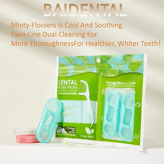 Pink Dental Floss Picks Twin Line, Travel Size Toothpicks Floss Sticks Kit 85 Count with 2 Portable Flossers Case On-The-Go Oral Care