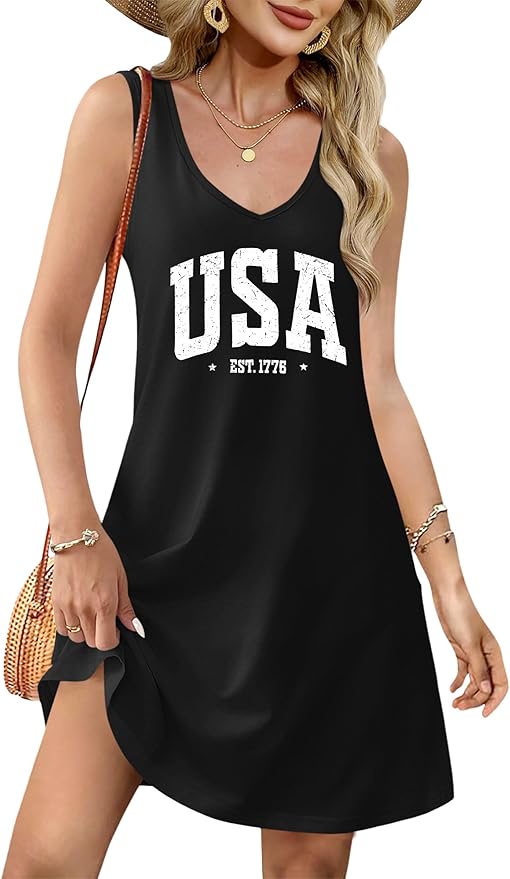 LHBNK 4th of July Dress for Women: American Flag Tank Dresses Star Striped Splicing Loose V Neck Sundresses