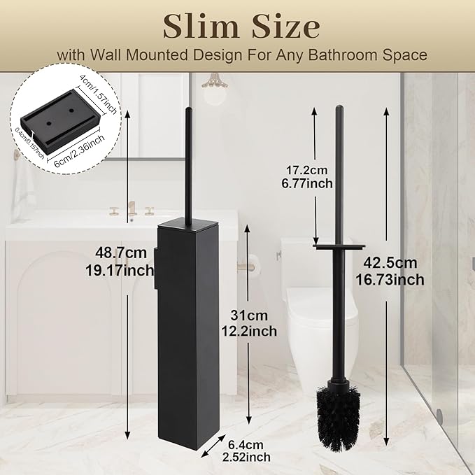 Toilet Brush and Holder Wall Mounted, Black Aluminum with 2 Replaceable Heads, Bathroom Toilet Brush, Drill or 3M Adhesive Mount, Removable Liner and Splash Guard, Modern Square Design