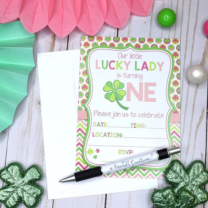 Lucky Lady First Birthday Clover St. Patrick’s Day Party Invitations for Girls, 20 5x7 Fill In Cards with Twenty White Envelopes by AmandaCreation