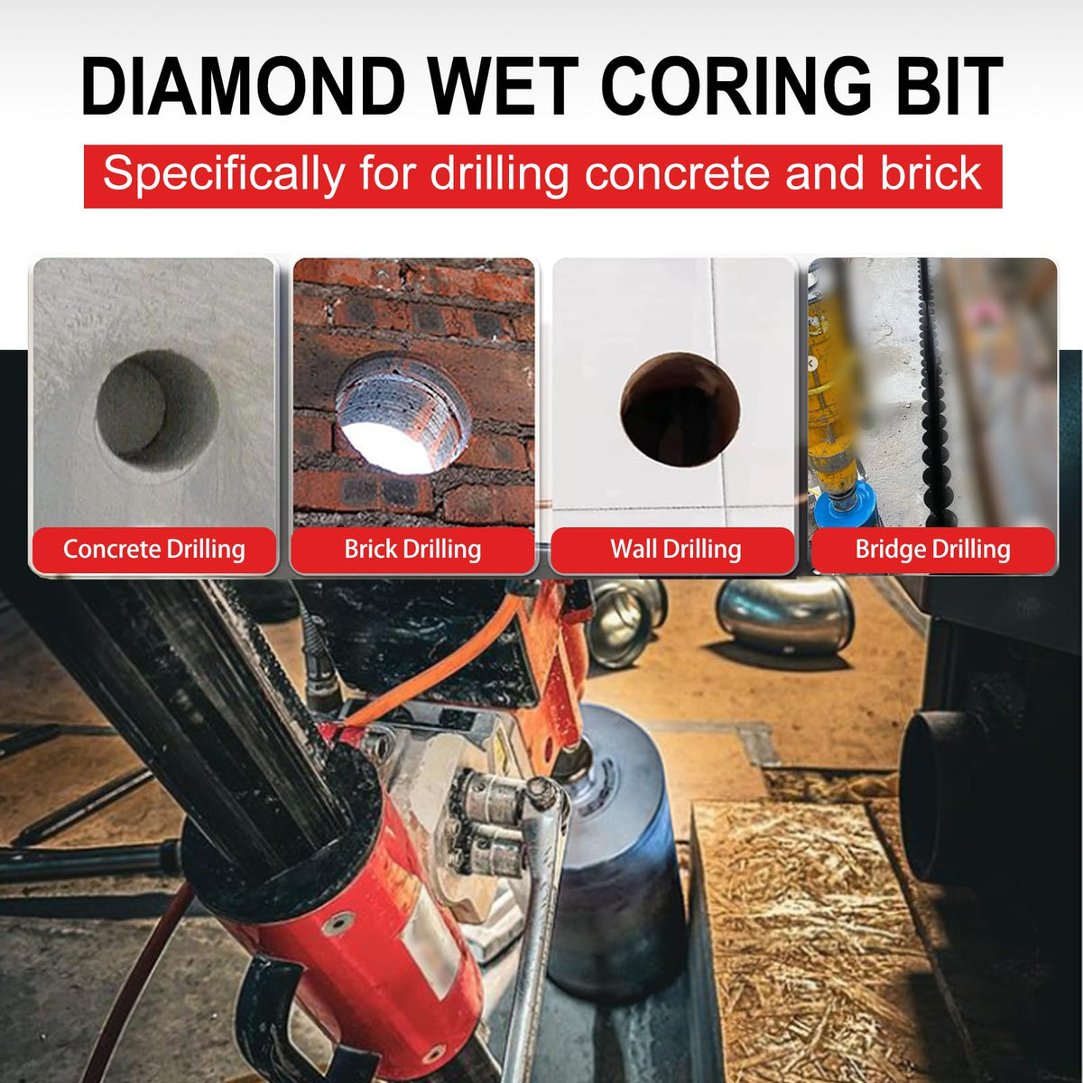 SALI Diamond Core Drill Bits 1" Diameter 10"/254mm Drilling Depth 5/8-11" Thread Core Bit Turbo Laser-Welded Segments for Cured Concrete with Brick Block Masonry with Two Adapters（Red）