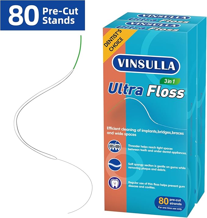 Dental Floss for Braces, Floss Threaders for Bridges and Implants, PTFE & PFAS Free Floss, 80 Pre-Cut Strands (Pack of 4)