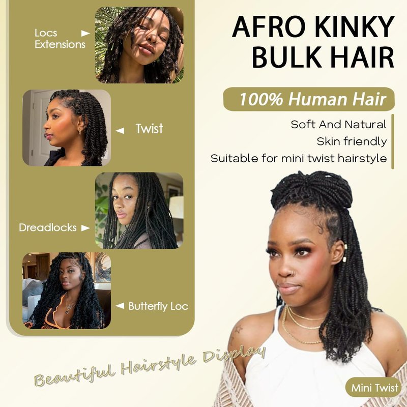 Afro Kinkys Bulk Human Hair for kinky curly Twist Human Braiding Hair For Micro Locs Extensions marley natural Black Color 12 inches 70g/pack