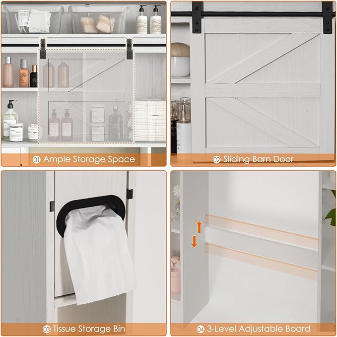 Over The Toilet Storage Cabinet, 32.5'' Wide Bathroom Storage Cabinet with Sliding Barn Door, Freestanding Over Toilet Storage Shelf, White