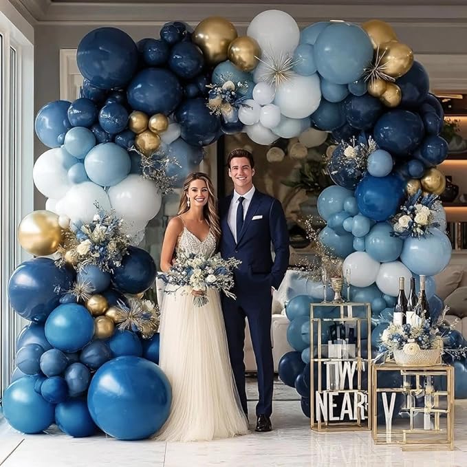 Navy Blue White Balloon Garland Double Stuffed Dusty Blue Gold Pearl White Balloons Beige Cream Balloon Arch Kit for Birthday Baby Shower Wedding Father's Day Graduation Party Decorations