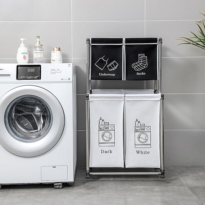 2-3 Tier Laundry Hamper with Removable Fabric Bins, Freestanding Laundry Sorter Organizer with Hooks, Foldable Sorting Basket for Bedroom, Bathroom & Dorm (2-Tier)