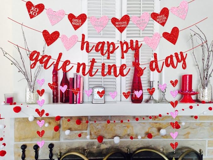 Deneo Happy Galentine's Day Banner, Red Glittery Galentine’s Day Decorations with Heart Garland Banner, Ladies Girls Happy Valentine’s Day Party Decorations Photo Prop
