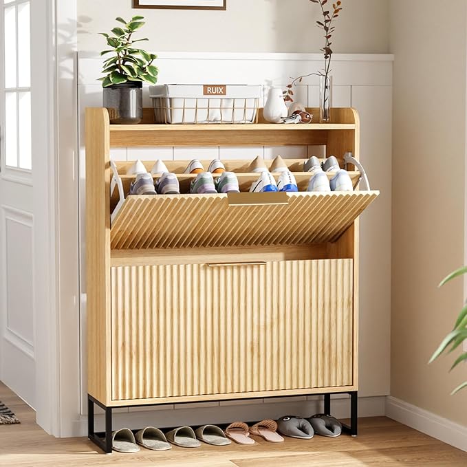 VINGLI Fluted Shoe Cabinet Storage for Entryway,Hidden Shoes Storage Cabinet with 2 Flip Drawers, Mid Century Modern Shoe Rack Organizer,Free Standing Shoes Organizer for Hallway(Natural Oak)