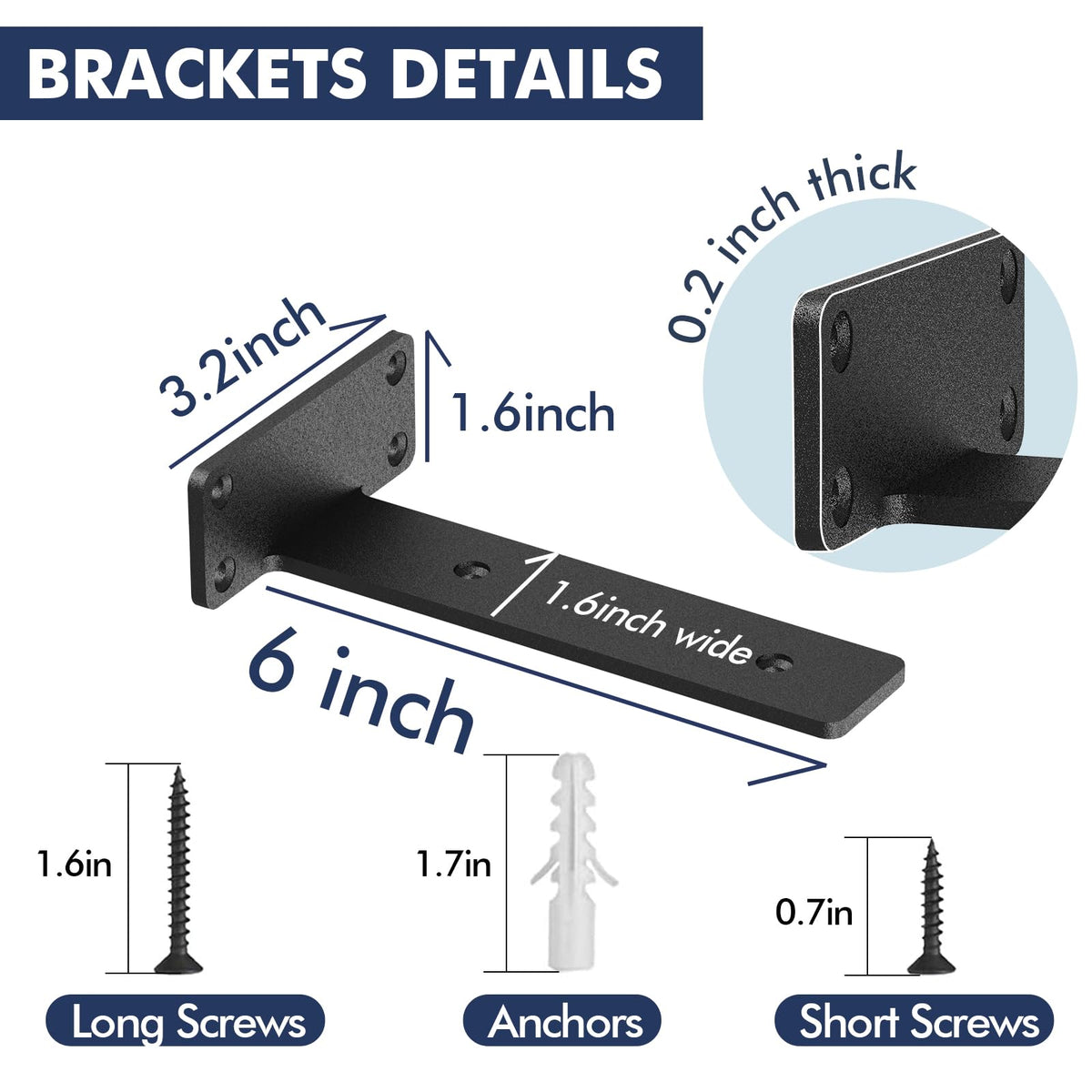 Starunder 6 Pack Floating Shelf Brackets, 6 Inch Heavy Duty Industrial Shelf Bracket, Black Metal L Brackets for Shelves Support DIY(1/5 Inch Thicked)