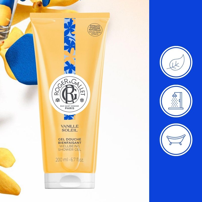 ROGER & GALLET Wellbeing Shower Gel – Plant-Based Hydrating Body Wash with Aloe Vera, Gentle Foaming Cleanser for Soft Skin (VANILLE SOL - Vanilla | 6.7 Oz)