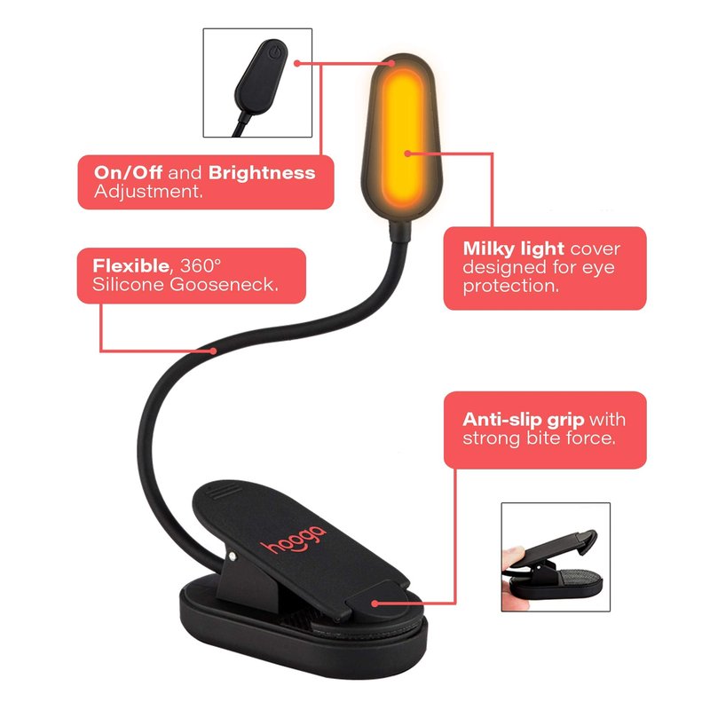 hooga Amber Book Light, Rechargeable Clip-On Blue Light Blocking LED Reading Light, 1600K Warm Eye Care for Bed, Students, Kids, Travel, Nursing, Studying